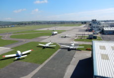 Aerial view of planes and runway at Shoreham Airport